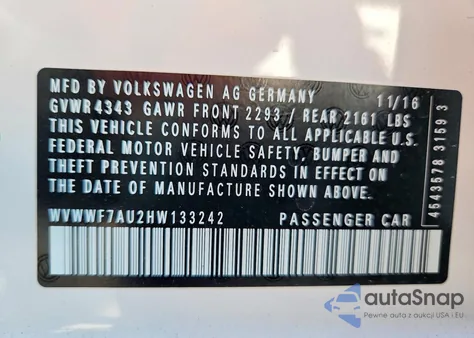 2017 Volkswagen Golf R из США, поврежденный, VIN WVWWF7AU2HW133242